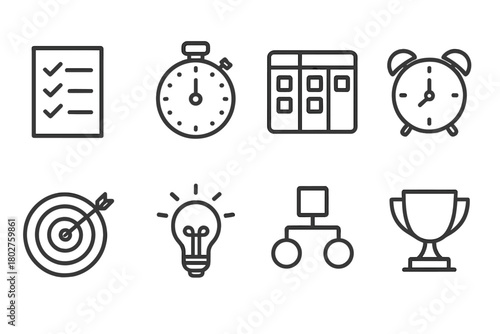 Productivity Icons Set. Line style icons of Productivity: Checklist, Stopwatch, Task Board, Alarm Clock, Target, Idea Bulb,