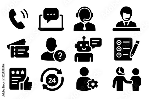 Customer Support Icons. Solid style icons of Customer support: call center, live chat, support agent, help desk, ticket system,