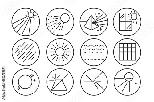 Light and Shadow Icons. Line style round vector icons of Light and Shadow Effects: Sunbeam Through Glass, Colored Shadow, Prism
