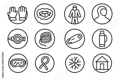 Cold Water Dive Essentials. Line style round vector icons of Cold Water Diving: Dry Gloves, Ice Dive Hole, Thermal Undersuit,