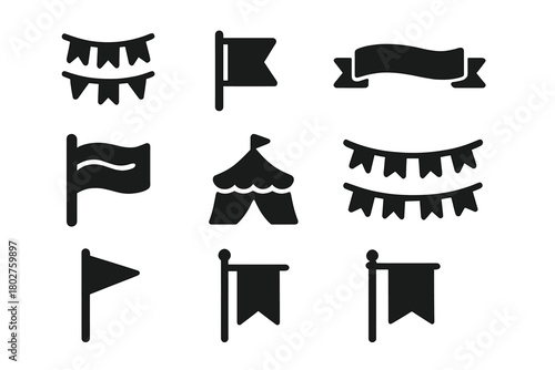 Festival Flags Icons. Solid style icons of Celebration flags: festival banner, holiday pennant, decorative ribbon, parade flag,