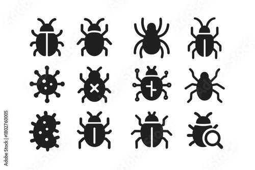 Bug Icon Collection. Solid style icons of Bugs: insect bug, beetle bug, spider bug, cockroach symbol, virus bug, malware insect,