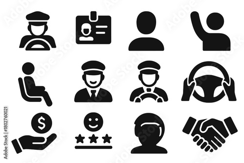 Taxi Ride Icons. Solid style icons of passenger and driver roles: taxi driver icon, driver ID badge, passenger icon, rider profile