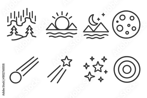 Sky Phenomena Icons. Line style icons of Sky phenomena: northern lights, midnight sun, polar night, full moon, comet, shooting