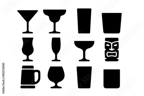 Glassware Solid Icons. Solid style icons of Glassware: martini glass, margarita glass, highball glass, lowball glass, hurricane