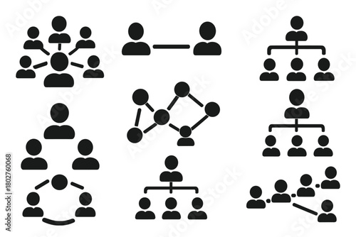 People Connection Icons. Solid style icons of People connections: network nodes, user links, team hierarchy, connected dots group,