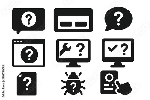 Digital Icons Collection. Solid style icons of Digital questions: error popup with ?, system dialog, app bubble, website FAQ,