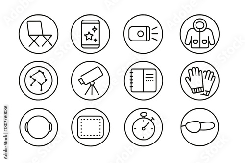 Stargazing Gear Icons. Line style round vector icons of Stargazing Gear: Folding Chair, Star App Phone, Chart Red Light, Insulated