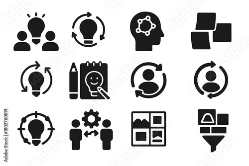 Creative Collaboration Icons. Solid style icons of creative collaboration: team with lightbulb, innovation flow, design thinking,