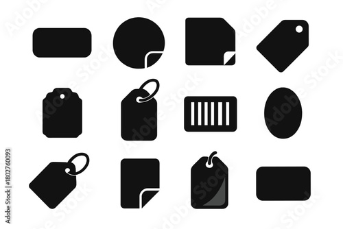 Solid Style Icons. Solid style icons of Labels and stickers: adhesive label, product sticker, folded label, shipping tag, gift