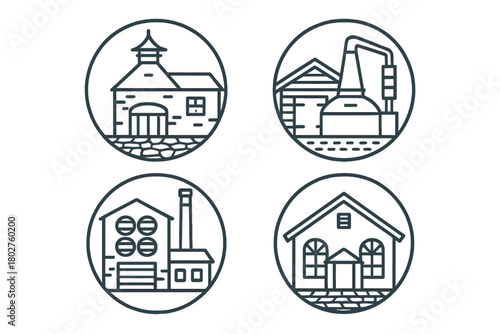 Distillery Icon Set. Line style icons of distillery buildings in round shape: traditional brick distillery, modern steel