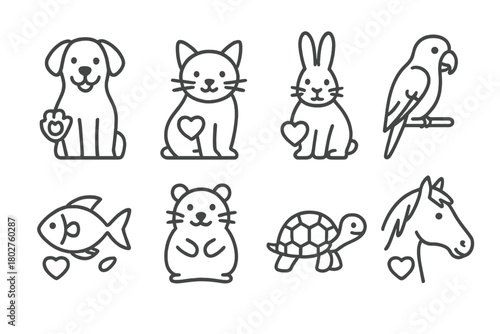 Set of animal icons, including a dog, cat, rabbit, turtle, and bird