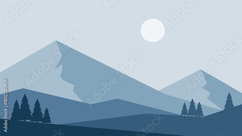 Minimalistic winter night landscape in blue colors. Mountains vector design in Scandinavian style. Hand drawn original illustration for Christmas cards.