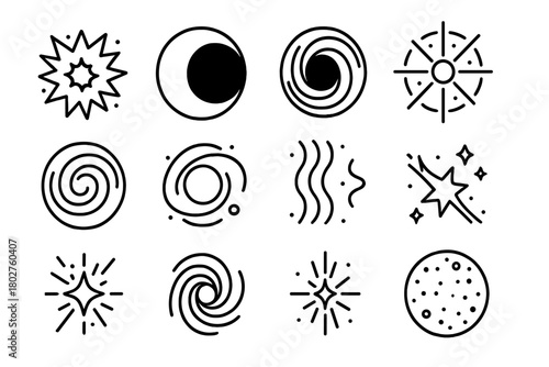 Cosmic Phenomena Icons. Line style icons of cosmic phenomena in round shape: supernova, eclipse, black hole, quasar; light year