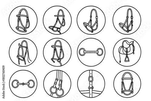 Equestrian Tack Icons. Line style icons of bridles in round shape: leather bridle, snaffle bit bridle, double bridle, halter and