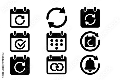 Recurring Dates Icons. Solid style icons of recurring and repeating dates: looped calendar icon, repeat event symbol, recurring