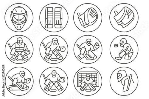 Goalie Gear Icons. Line style icons of goalie gear in round shape: goalie mask, leg pads, catching glove, blocker; stick held down