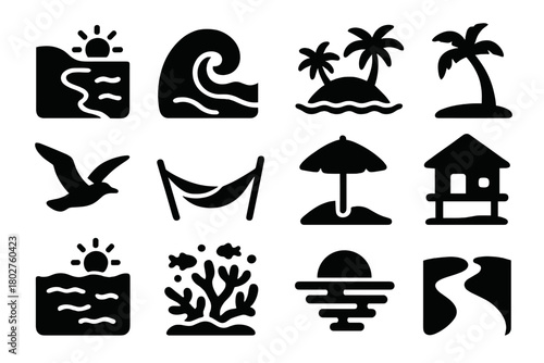 Tropical Paradise Icons. Solid style icons of Tropical Scenery: sandy beach, ocean wave, island view, palm shadow, seagull flying,