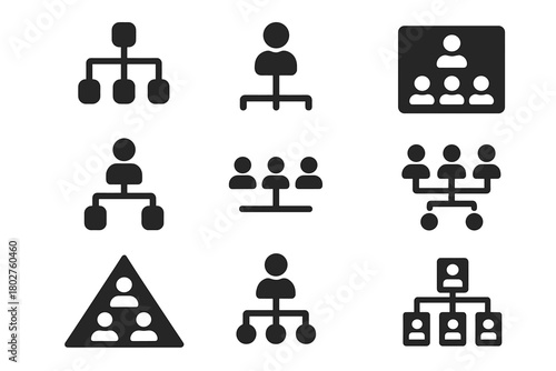 Office Hierarchy Icons. Solid style icons of Office hierarchy: org chart, employee structure, reporting line, department box,