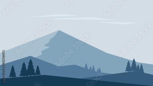 Minimalistic winter landscape with mountain and fir trees in blue colors. Vector design in Scandinavian style. Hand drawn original illustration