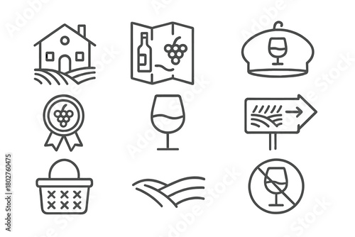 Wine Culture Icons. Line style icons of Wine culture: vineyard house, wine map, sommelier hat, medal, tasting glass, vineyard tour