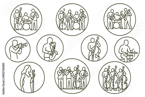 Jazz Band Line Icons. Line style icons of jazz bands in round shape: trio setup, quintet silhouettes, jazz jam session, piano trio