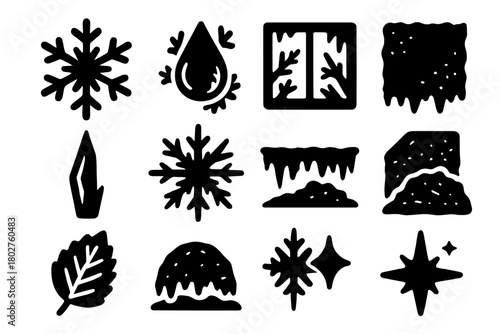 Solid Frost Icons. Solid style icons of frost and ice: frostflake icon, frozen droplet, frost-covered window, icy surface icon,