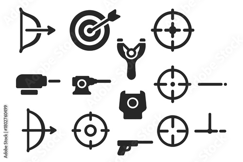 Aiming Tools Icons. Solid style icons of Aiming tools: bow and arrow, dartboard, rifle scope, laser sight, slingshot target, aim