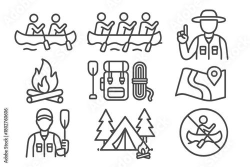 Group Canoeing Icons. Line style icons of Group canoeing: tandem canoe, team paddling, guide, campfire circle, shared gear, river