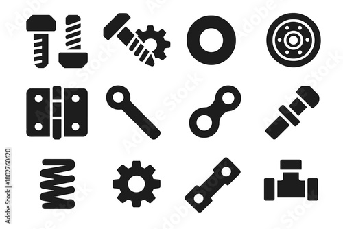Mechanical Parts Icons. Solid style icons of Parts: nut and bolt, screw with gear, washer, bearing, hinge, rod part, joint piece,