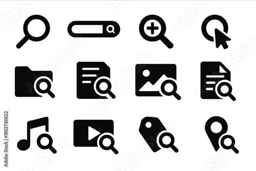 Search Tool Icons. Solid style icons of search tools: magnifying glass, search bar, zoom lens, search cursor, search folder,