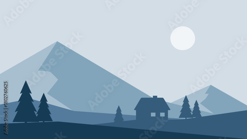 Minimalistic winter landscape with mountains and house in blue colors. Vector design in Scandinavian style. Hand drawn original illustration