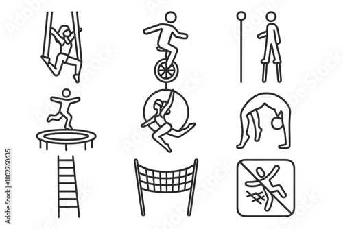 Acrobatics Icon Set. Line style icons of Acrobatics: aerial silks, unicycle, stilts, trampoline, hoop, contortionist, ladder,