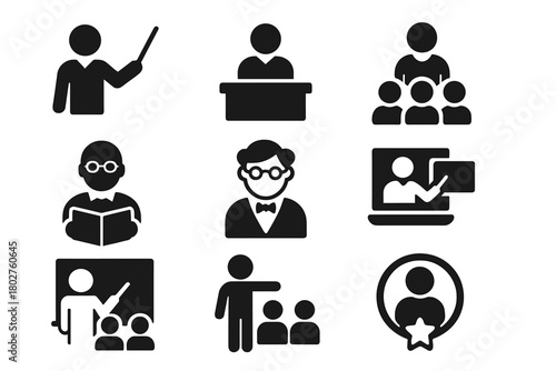 Teaching Icon Set. Solid style icons of Teaching: teacher with pointer, teacher at desk, open lecture, instructor with book,