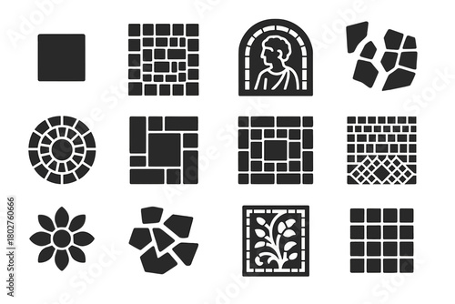 Colorful Mosaic Icons. Solid style icons of Mosaic: single tile, colorful pattern, ancient art piece, broken fragment, circular