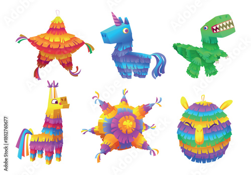 Mexican pinatas. Decorative paper toys for party games exact vector toys with candy and sweets