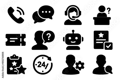 Customer Support Icons. Solid style icons of Customer support: call center, live chat, support agent, help desk, ticket system,