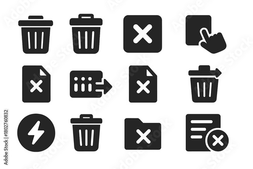 Solid Delete Icons. Solid style icons of delete actions: trash bin icon, trash can with lid, delete button, swipe to delete,