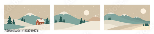 Set of minimalistic winter landscapes in Scandinavian style. Mountains vector art. Hand drawn original illustrations.