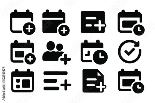 Calendar Icons Set. Solid style icons of calendar and scheduling creation: new event icon, calendar plus, add task, schedule item