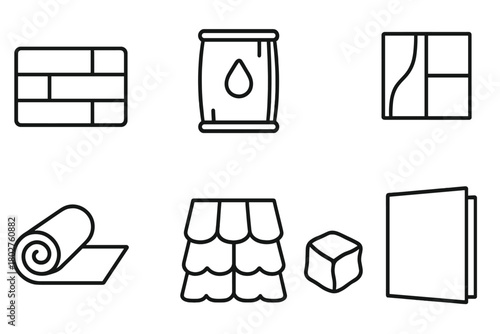 Building Material Icons. Line style icons of Building materials: brick, cement bag, wooden plank, tile, insulation roll, roofing