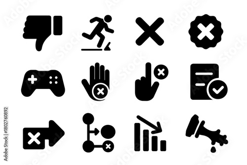 Solid Failure Icons. Solid style icons of Failure: broken thumbs up turned down, failed attempt, error mark, failure badge, lost