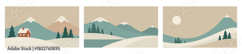 Minimalistic winter landscape set. Mountains vector art in Scandinavian style. Hand drawn original illustrations.