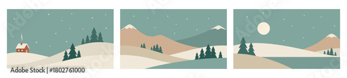 Set of minimalistic winter night landscapes in Scandinavian style. Mountains vector art. Hand drawn original illustrations