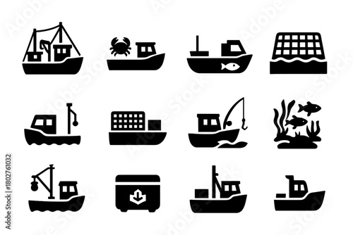 Solid Fishing Vessel Icons. Solid style icons of fishing and utility vessels: fishing trawler, crab boat, small fishing vessel,