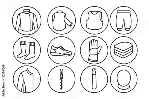 Fencing Gear Icons. Line style icons of fencing apparel in round shape: fencing jacket, underplastron, chest guard, breeches; knee