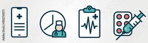 Medical color icons. Healthcare, treatment and therapy symbols. Isolated vector images. Hand drawn original illustrations.