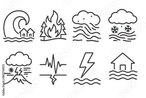 Extreme Weather Icons. Line style icons of Extreme Weather: Tsunami, Wildfire, Sandstorm, Blizzard, Volcano Eruption, Earthquake