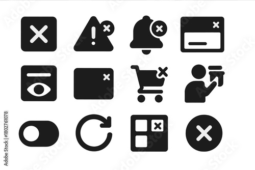 Remove UI Icons. Solid style icons of UI and control removal: close popup, dismiss alert icon, clear notification, remove widget,