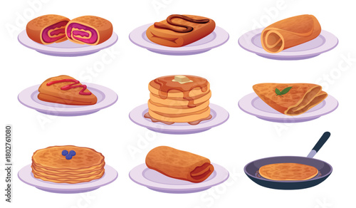 Pancakes. Dessert food with different ingredients pancakes with fruits and syrup exact vector template